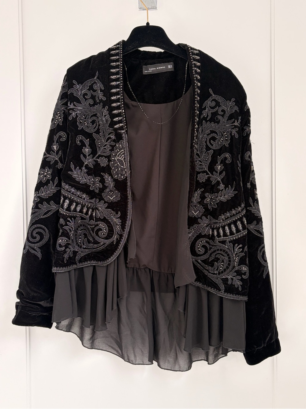Zara Black Velvet Embellished Open-Front Jacket with Chiffon Hem